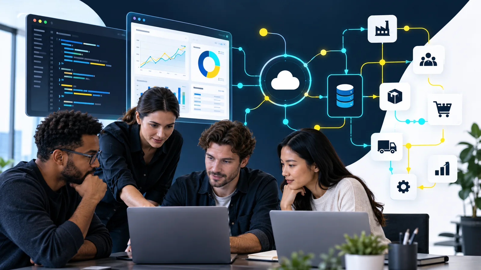 Equipo empresarial trabajando con soluciones tecnológicas conectadas